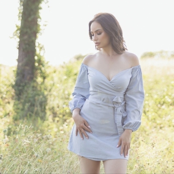 Lulus Pure Serenity Off-the-Shoulder Mini Dress Blue Sz Small Balloon Sleeves - Picture 1 of 13